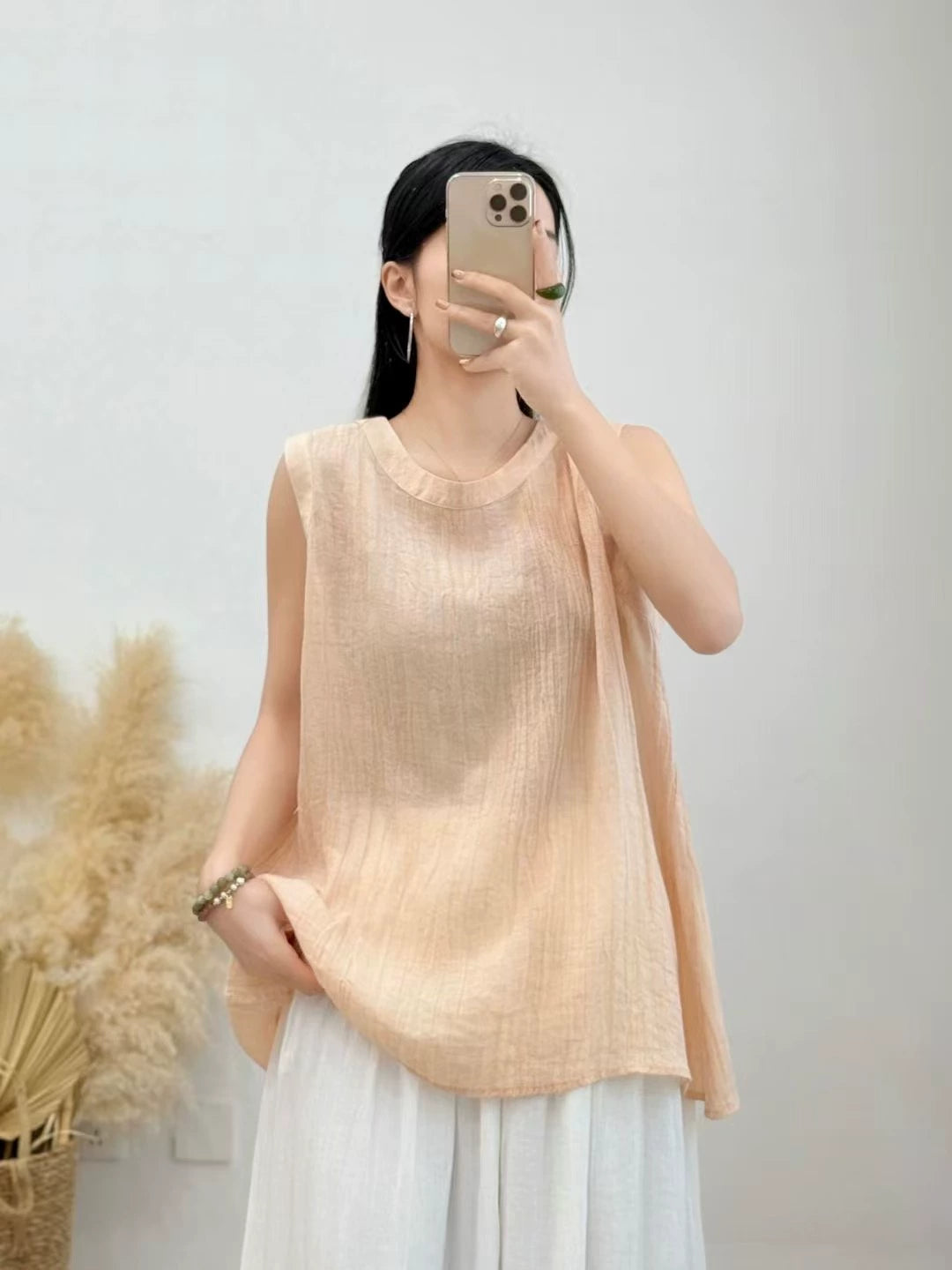 Summer Ramie Casual Round Neck Sleeveless Loose Tank Top