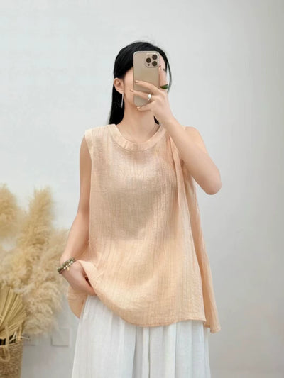 Summer Ramie Casual Round Neck Sleeveless Loose Tank Top
