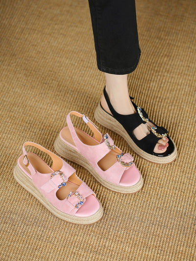 Retro Sheepskin Leather Open Toe Woven Diamond Shoes