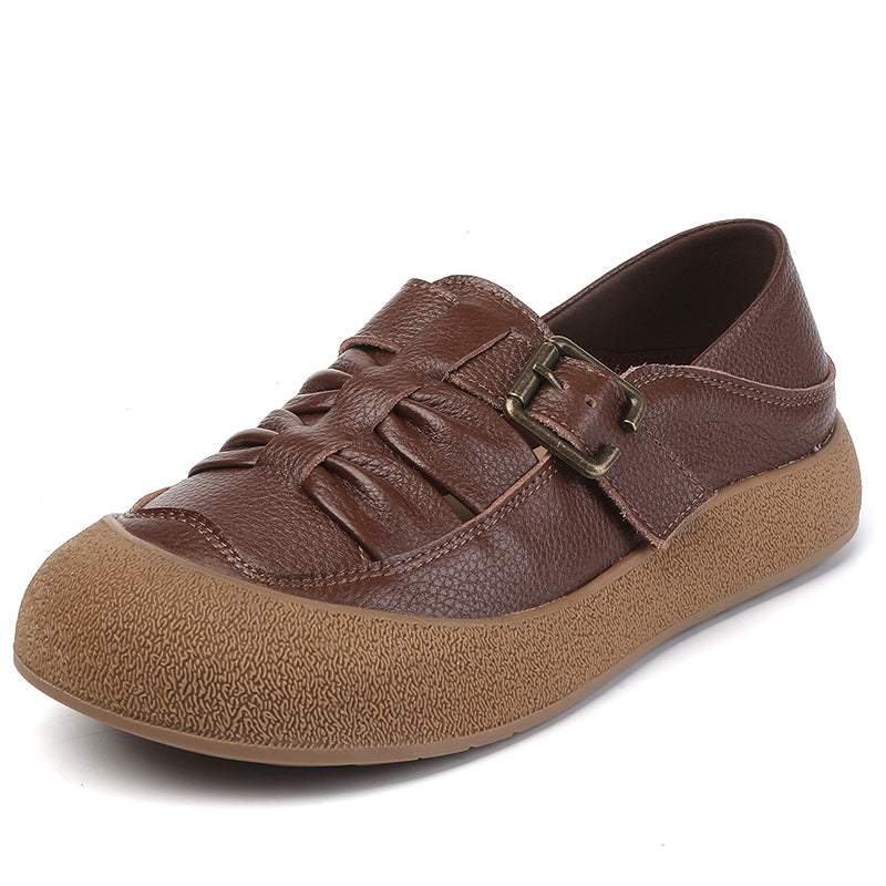 Women Fashion Genuine Leather Ruched Buckled Casual Shoes
