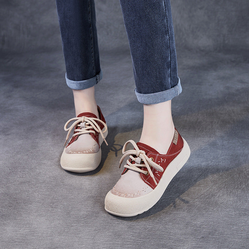 Women Color Block Genuine Leather Flat Casual Shoes