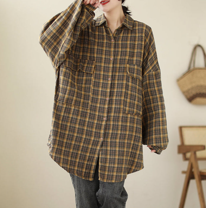 Plus Size Women Trendy Retro Spring Plaid Loose Cotton Shirt
