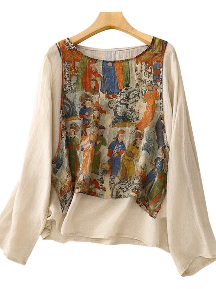 Women Spring Vintage Ramie Printed Long Sleeve Shirt