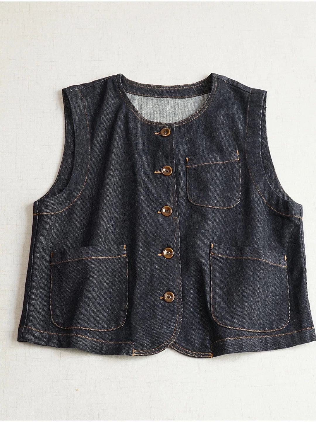 Retro Denim Round Neck Loose Pockets Single Breasted Vest