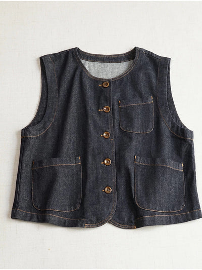 Retro Denim Round Neck Loose Pockets Single Breasted Vest