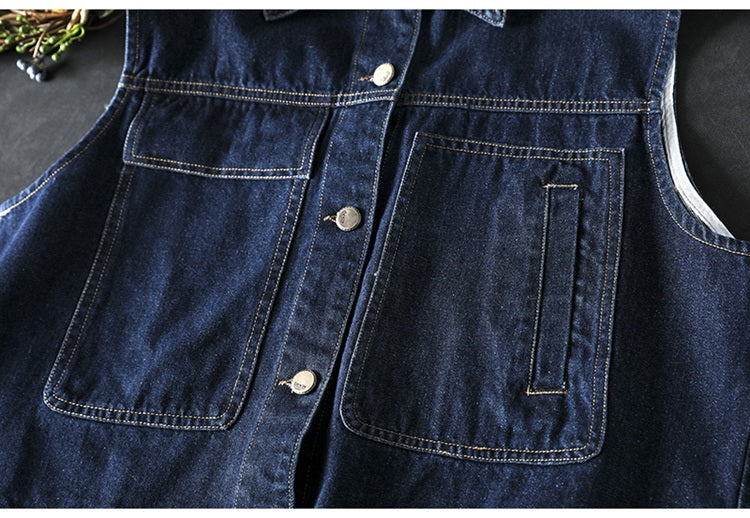 Women Spring Retro Denim Solid Color Casual Vest