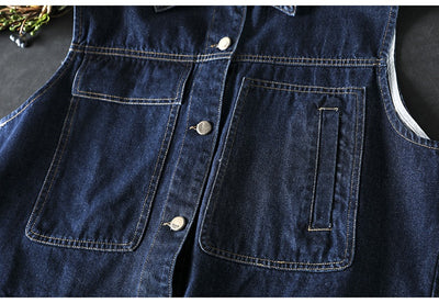 Women Spring Retro Denim Solid Color Casual Vest