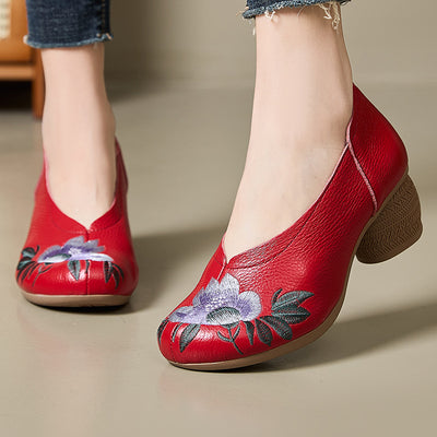 Ethnic Style Retro Genuine Leather Floral Embroidered Heeled Shoes