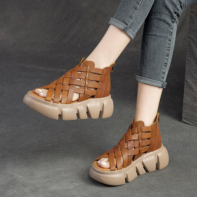 Babakud Retro Leather Breathable Woven Open Toe Platform Sandals