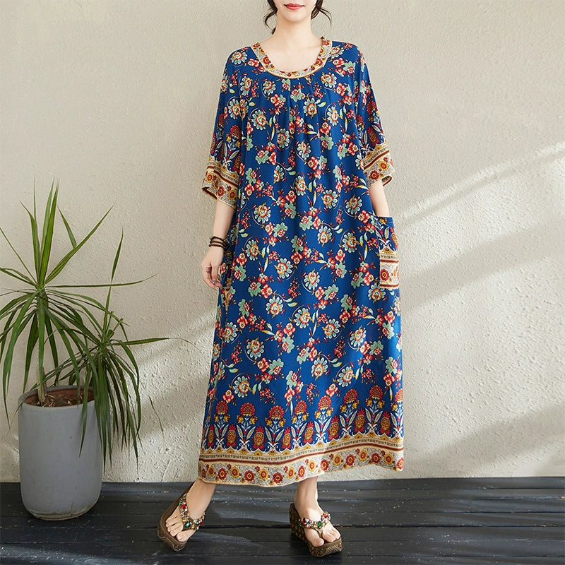 Women Summer Vintage Cotton Printed Floral Loose Dress