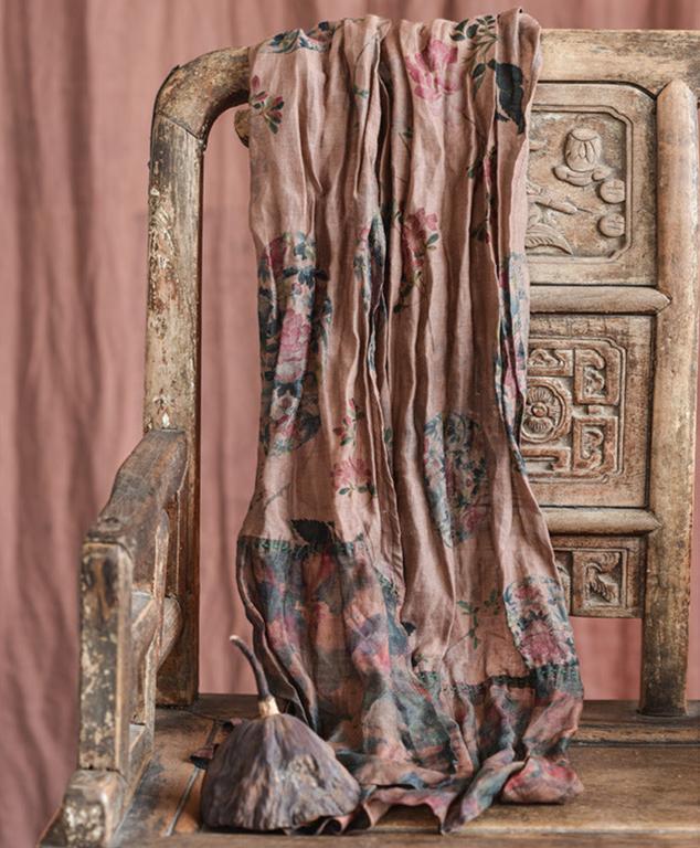 Vintage Distressed Printed Long Patchwork Ramie Scarf