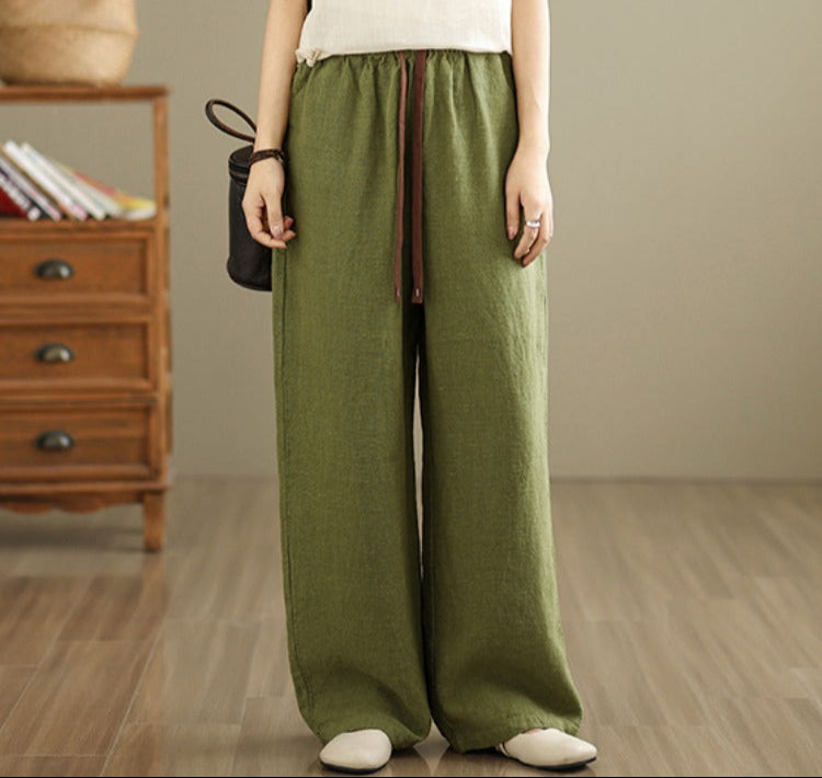 Retro Solid Color High Waist Comfy Linen Pants for Women