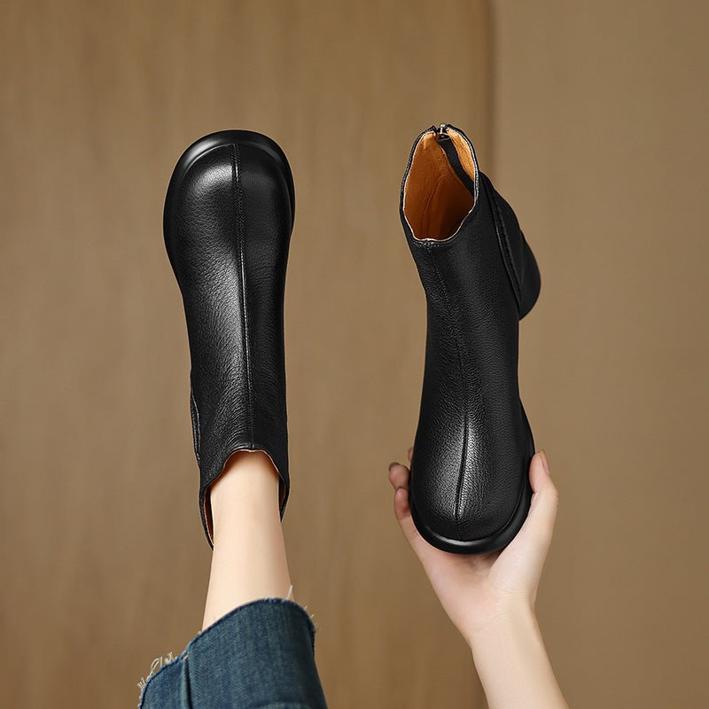 Retro Autumn Sheepskin Leather Soft Chunky Zipper Boots