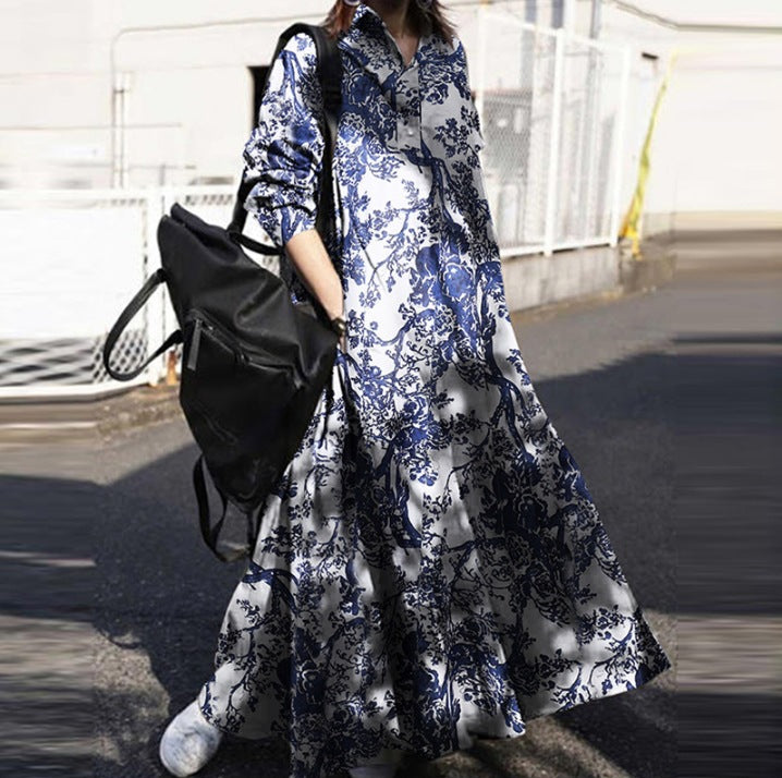 Ladies Elegant Retro Printed Loose Cotton Linen Maxi Dresses