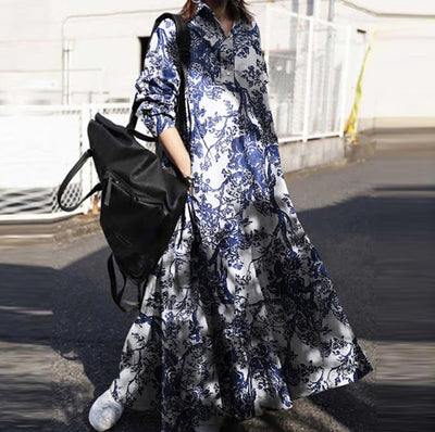 Ladies Elegant Retro Printed Loose Cotton Linen Maxi Dresses