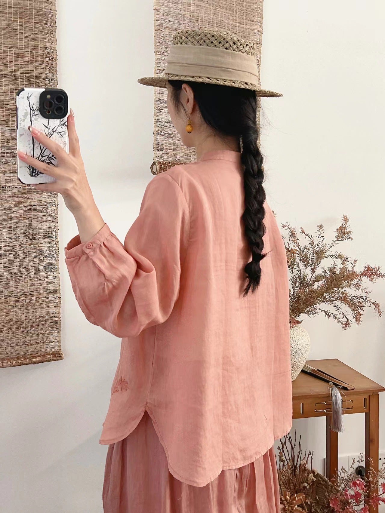 Autumn Retro Ramie Embroidered Stand Collar Long Sleeves Shirt