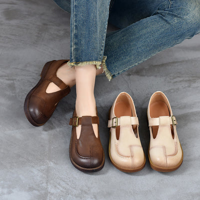 Babakud Women Spring Retro Handmade Leather Buckle Flats