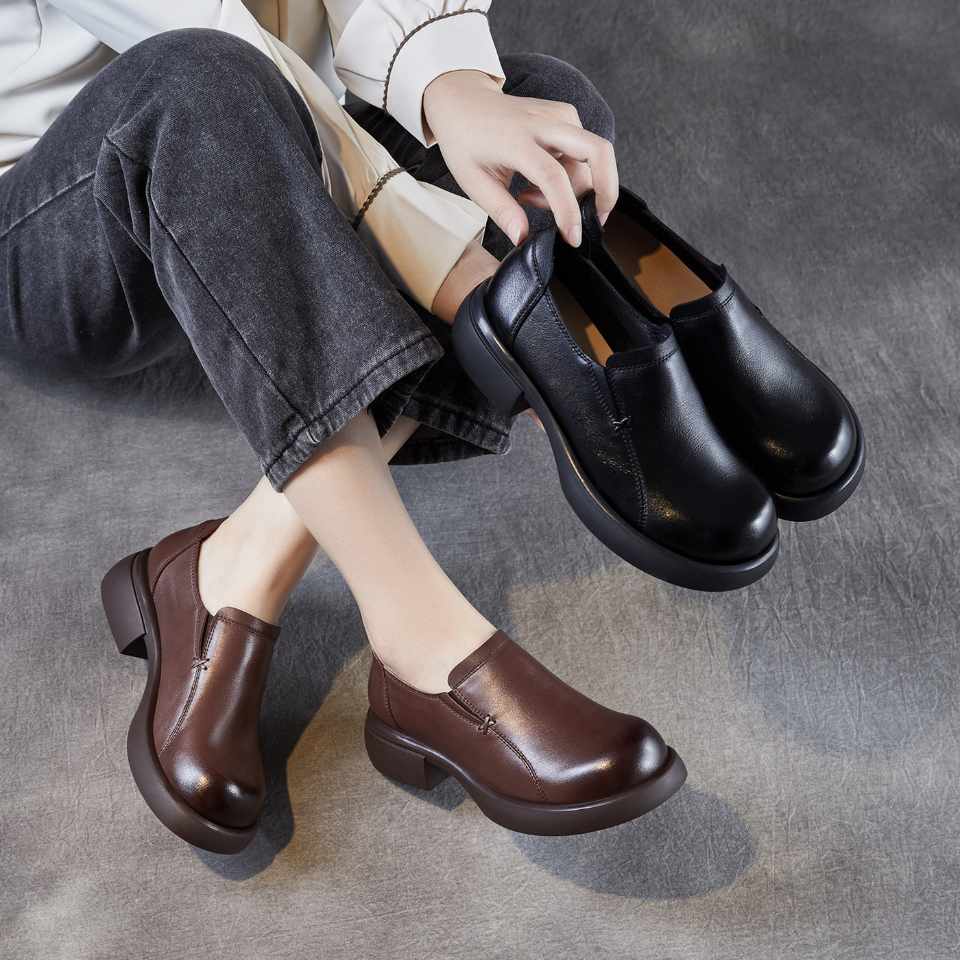 Genuine Leather Casual Shallow Soft Thick Sole Chunky Shoes