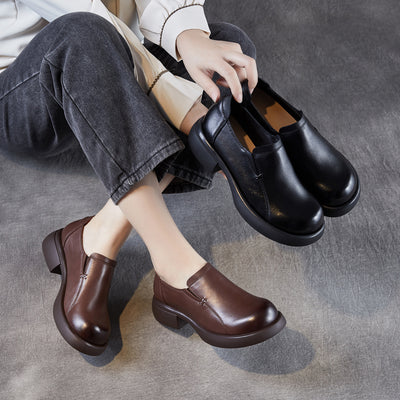 Genuine Leather Casual Shallow Soft Thick Sole Chunky Shoes