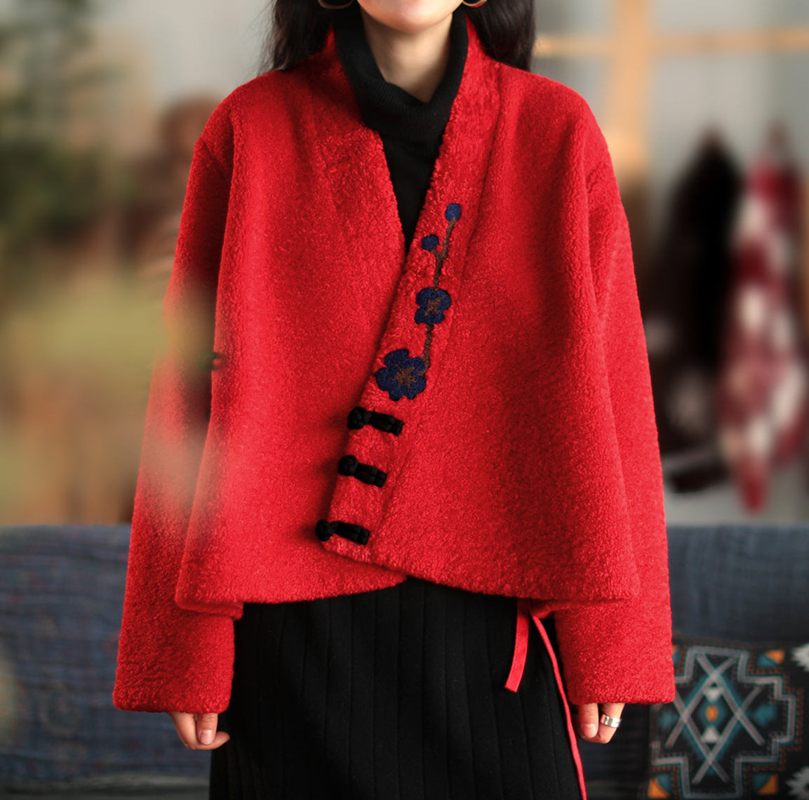 Women Ethnic Style Wool Suede Lining Cross-Over Warm Coat