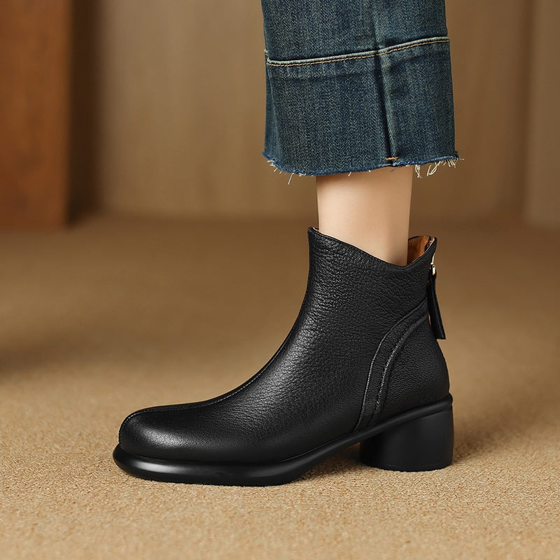 Retro Autumn Sheepskin Leather Soft Chunky Zipper Boots