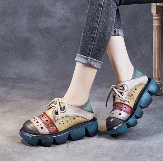 Women Color Block Platform Retro Perforated Leather Casual Shoes
