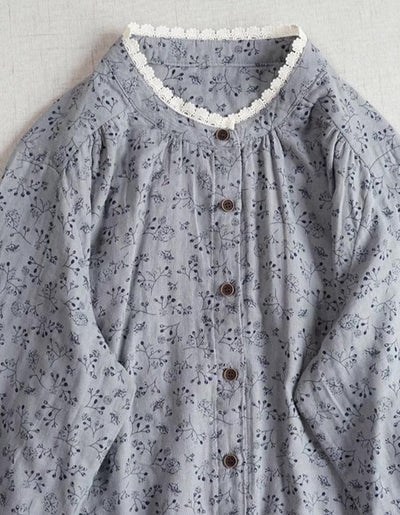 Women Spring Floral Loose Lace Long-Sleeved Cotton Shirt