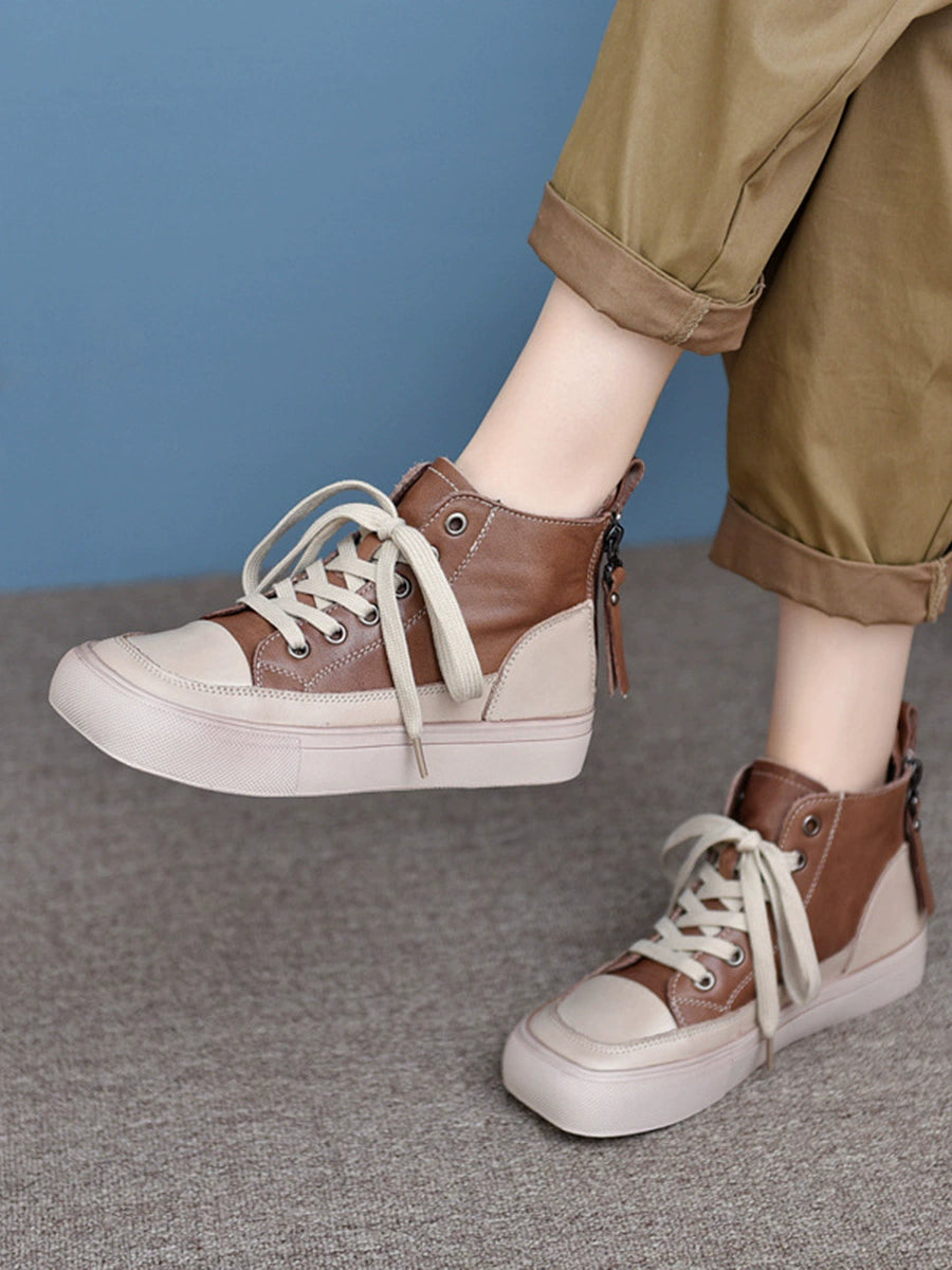 Women Retro Leather Patchwork Versatile Platform Shoes