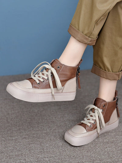 Women Retro Leather Patchwork Versatile Platform Shoes