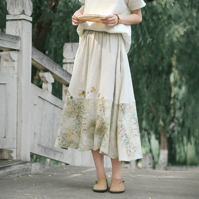 Babakud Retro Elegant Linen Patchwork Elastic Waist Skirts