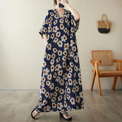 Summer Retro Cotton Linen Vacation V-Neck Floral Plus Size Dress