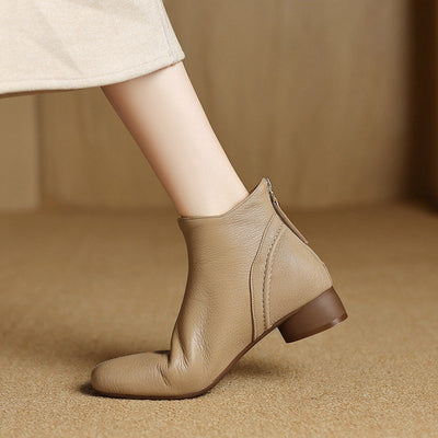 Retro Autumn Sheepskin Leather Chunky Zipper Ankle Boots