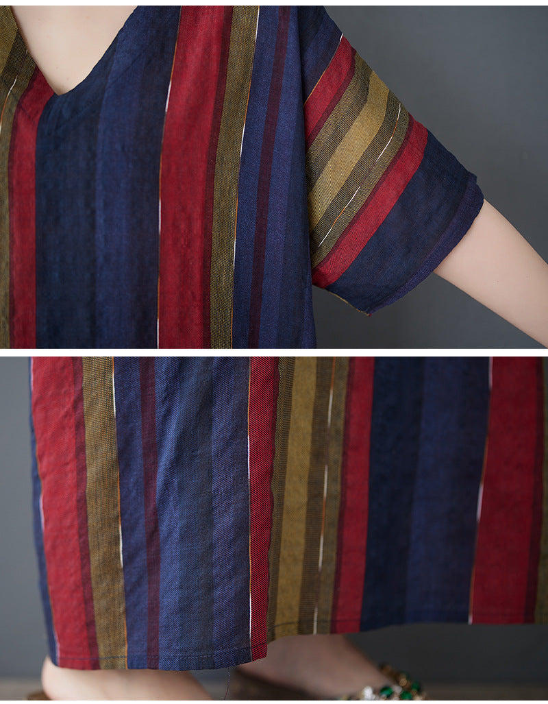 Women Spring Vintage Cotton-Linen Striped Loose Long Dress