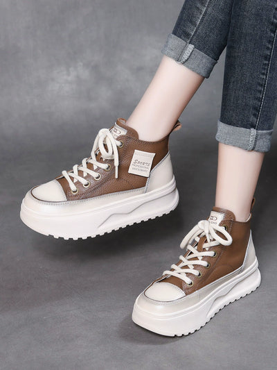 Women Retro Leather Patchwork Platform Lace-Up Shoes