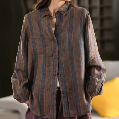 Women Spring Vintage Linen Striped Loose Blouse