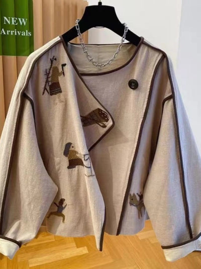 Autumn Fashionable Linen Embroidered Round Neck Loose Coat