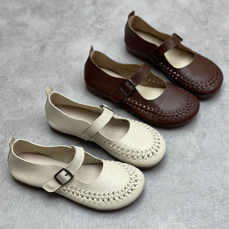 Women Casual Woven Breathable Soft Round Toe Flat Leather Sandals