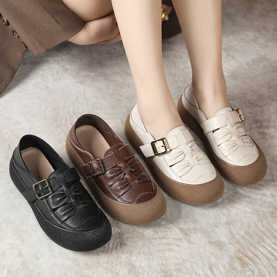 Women Fashion Genuine Leather Ruched Buckled Casual Shoes