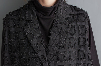 Ladies Stylish Ruffled Lapel Textured Fringed Sleeveless Jacket