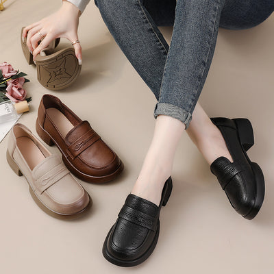 Women Retro Genuine Leather Mid Heel Thick Sole Platform Loafers