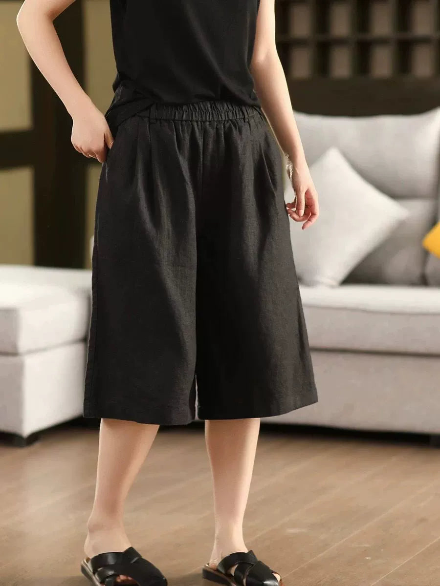 Summer Retro Casual Linen Loose Elastic Waist Knee-Length Shorts
