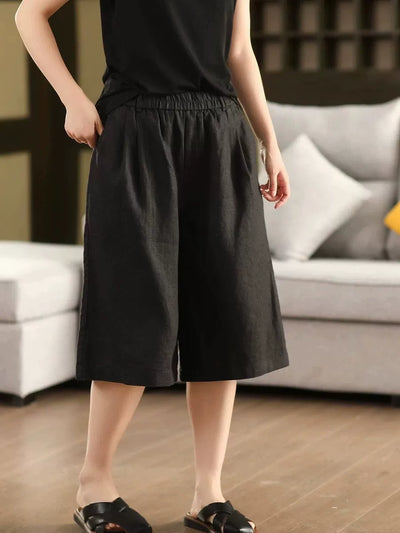 Summer Retro Casual Linen Loose Elastic Waist Knee-Length Shorts