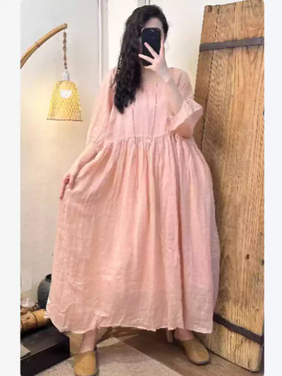 Summer Women Ramie Loose Round Neck 3/4 Sleeves Dress