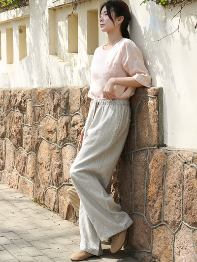 Women Casual Linen Elastic Waist Loose Lace-Up Pants