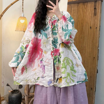 Women Spring Vintage Ramie Printed Floral Long Sleeve Shirt