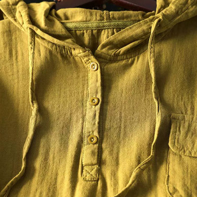 Women Spring Vintage Cotton Hooded Short-Sleeve Pullover Shirt