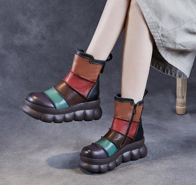 Women Vintage Color Block Platform Leather Short Boots