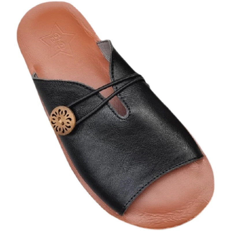 Summer Casual Leather Breathable Open Soft Toe Slippers