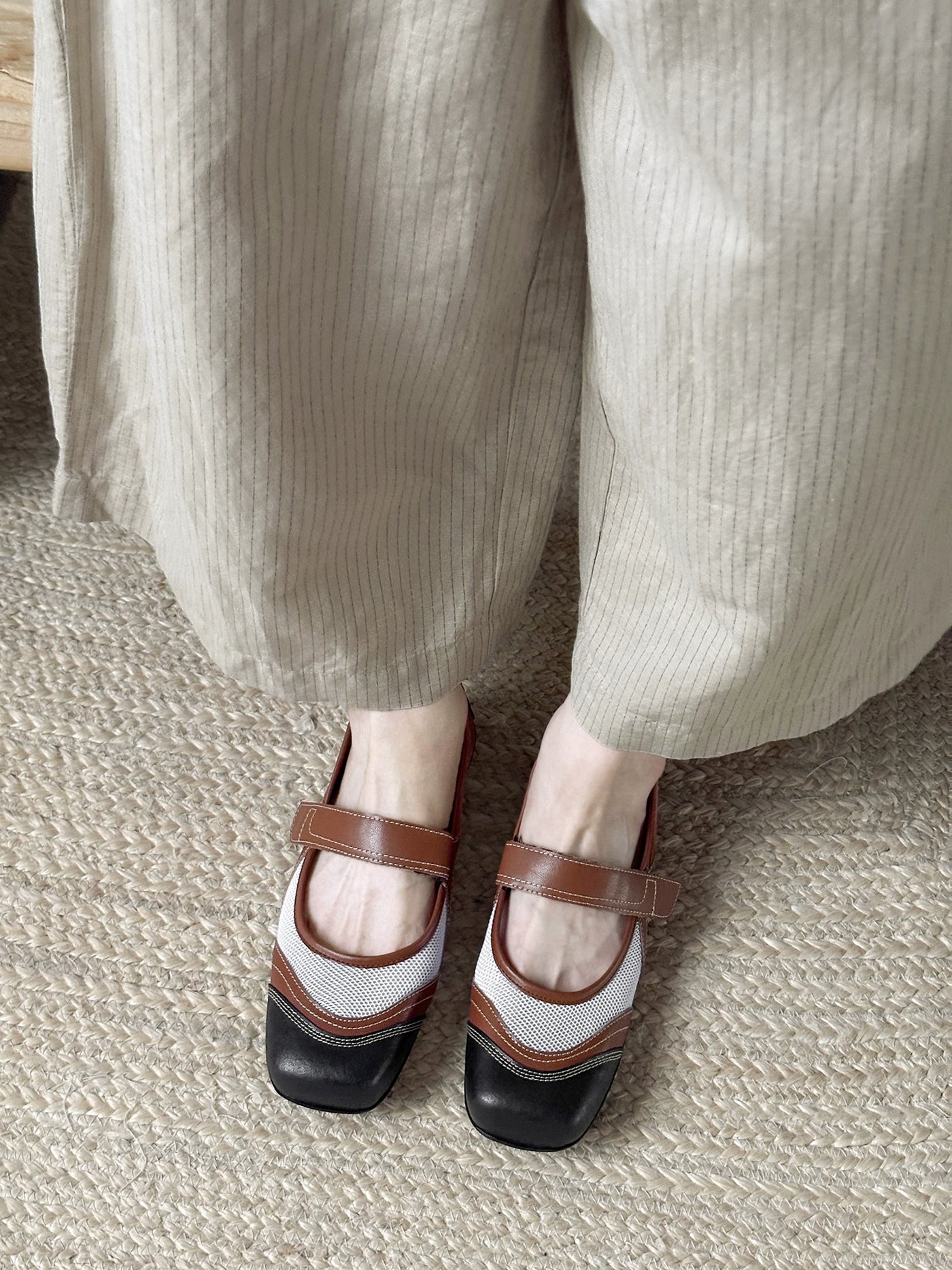 Women Vintage Sheepskin Leather Patchwork One Straped Shoes