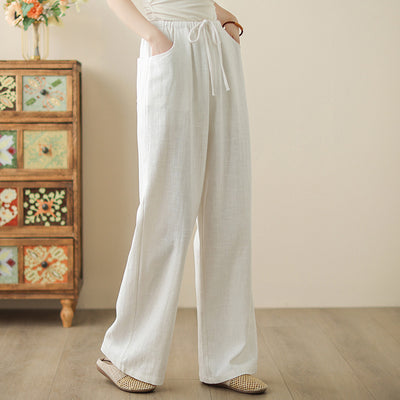 Summer Casual Cotton Linen Elastic Waist Lace-Up Loose Pants